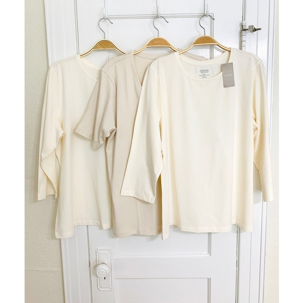 Chicos Set of 3 Cream Pima Cotton True Color T-Shirts SZ 3 XL V-Neck Scoop NWOT
